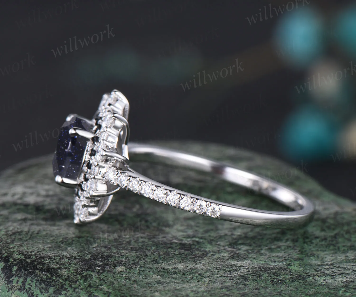 Galaxy Round Blue Sandstone Engagement Ring Unique Black Diamond Spinel Moissanite Double Halo Wedding Ring Art Deco Healing Half Eternity Bridal Ring sold by Willwork Jewelry product image thumbnail 4