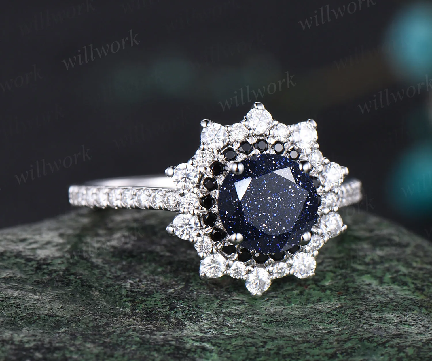 Galaxy Round Blue Sandstone Engagement Ring Unique Black Diamond Spinel Moissanite Double Halo Wedding Ring Art Deco Healing Half Eternity Bridal Ring sold by Willwork Jewelry product image thumbnail 3