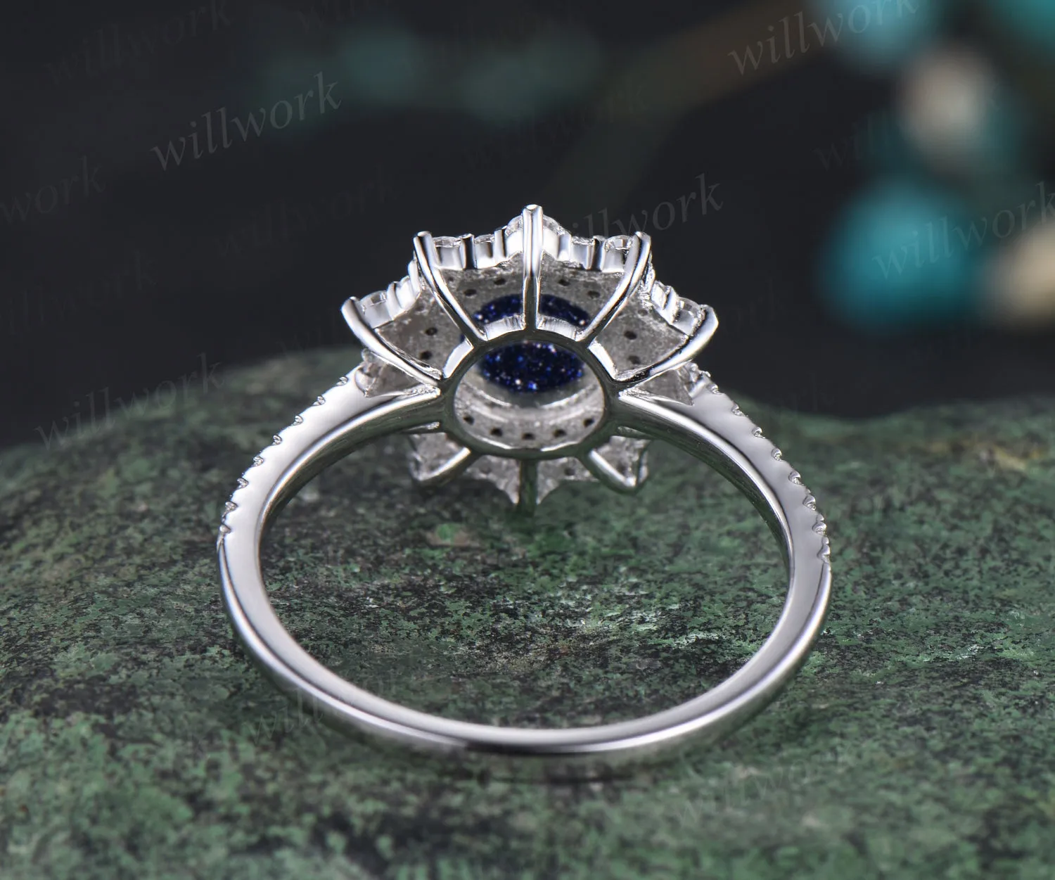 Galaxy Round Blue Sandstone Engagement Ring Unique Black Diamond Spinel Moissanite Double Halo Wedding Ring Art Deco Healing Half Eternity Bridal Ring sold by Willwork Jewelry product image thumbnail 5