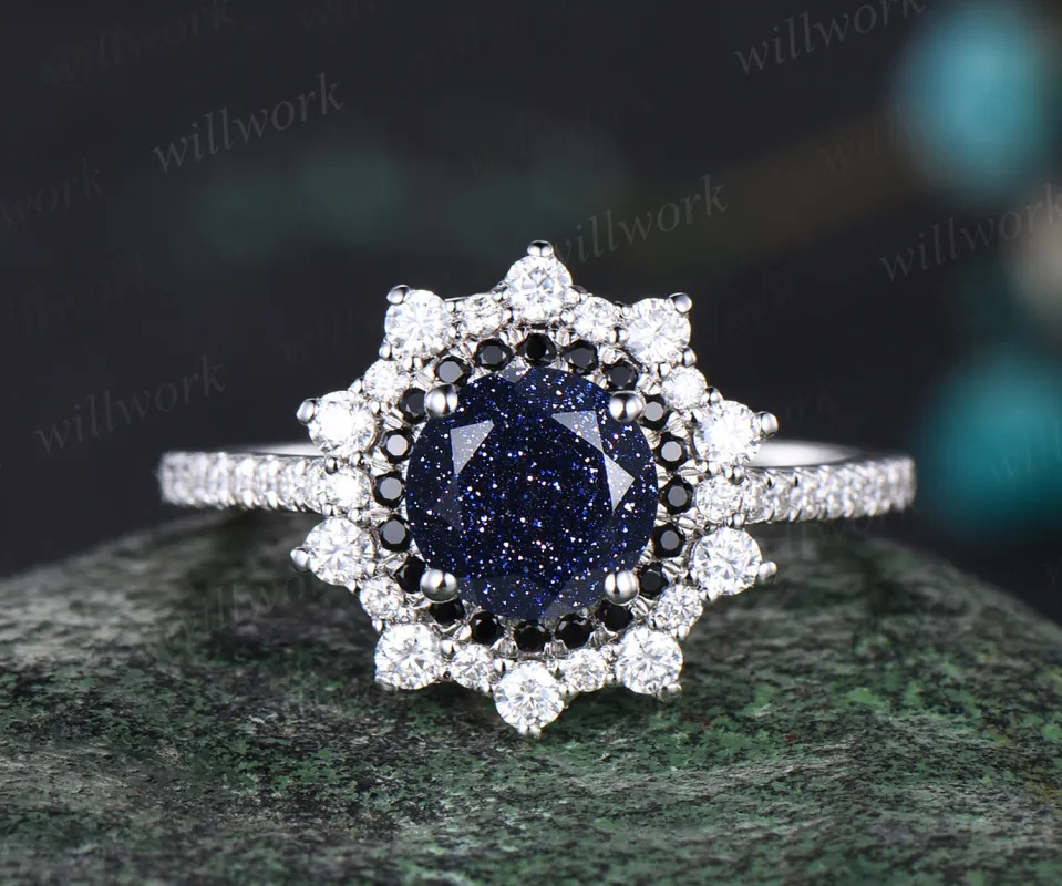 Galaxy Round Blue Sandstone Engagement Ring Unique Black Diamond Spinel Moissanite Double Halo Wedding Ring Art Deco Healing Half Eternity Bridal Ring sold by Willwork Jewelry