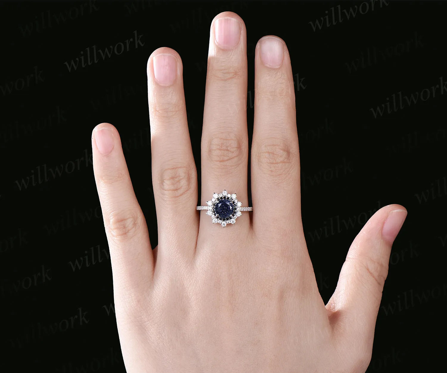 Galaxy Round Blue Sandstone Engagement Ring Unique Black Diamond Spinel Moissanite Double Halo Wedding Ring Art Deco Healing Half Eternity Bridal Ring sold by Willwork Jewelry product image thumbnail 2