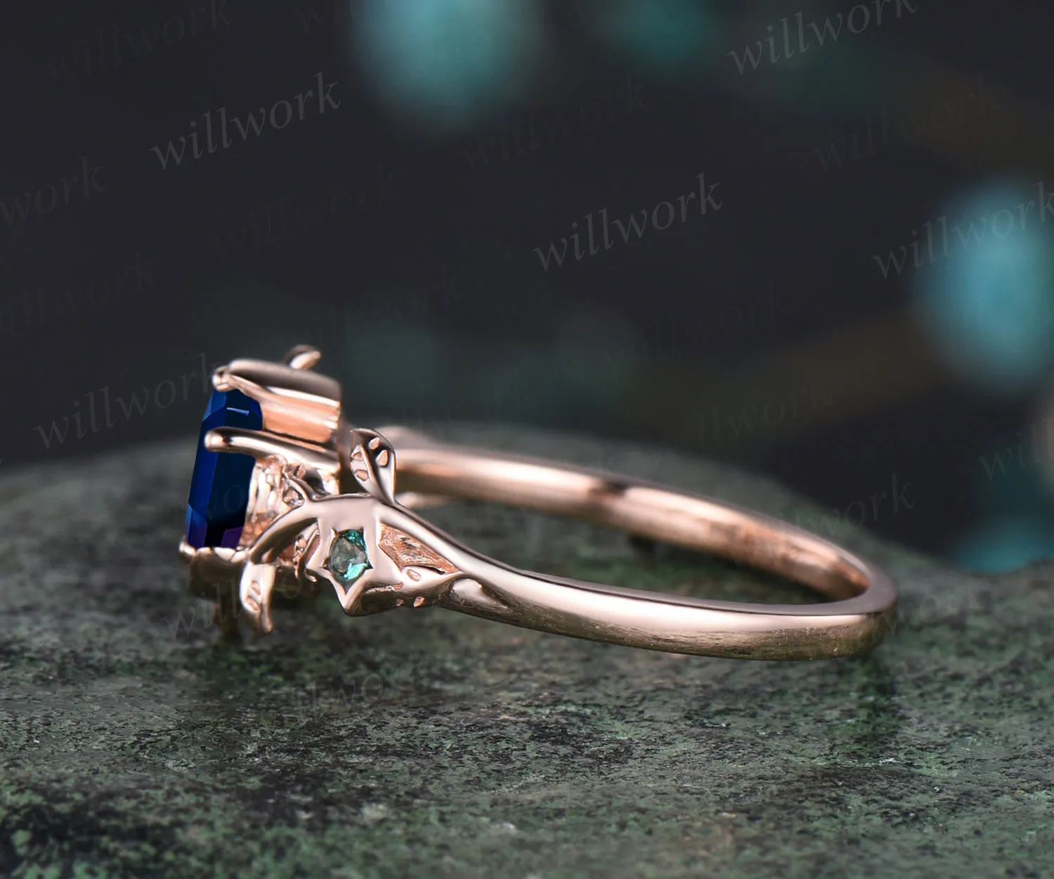 Unique Leaf Vine Twig Branch Nature Inspired Ring June Birthstone Round Cut Alexandrite Engagement Ring Emerald Art Deco Moon Star Bridal Ring sold by Willwork Jewelry product image thumbnail 4