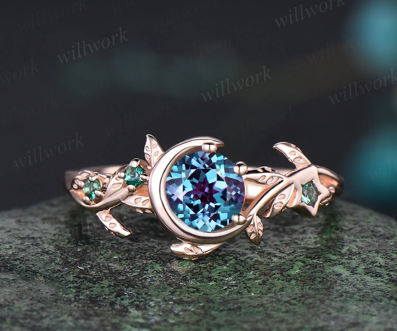 Unique Leaf Vine Twig Branch Nature Inspired Ring June Birthstone Round Cut Alexandrite Engagement Ring Emerald Art Deco Moon Star Bridal Ring sold by Willwork Jewelry