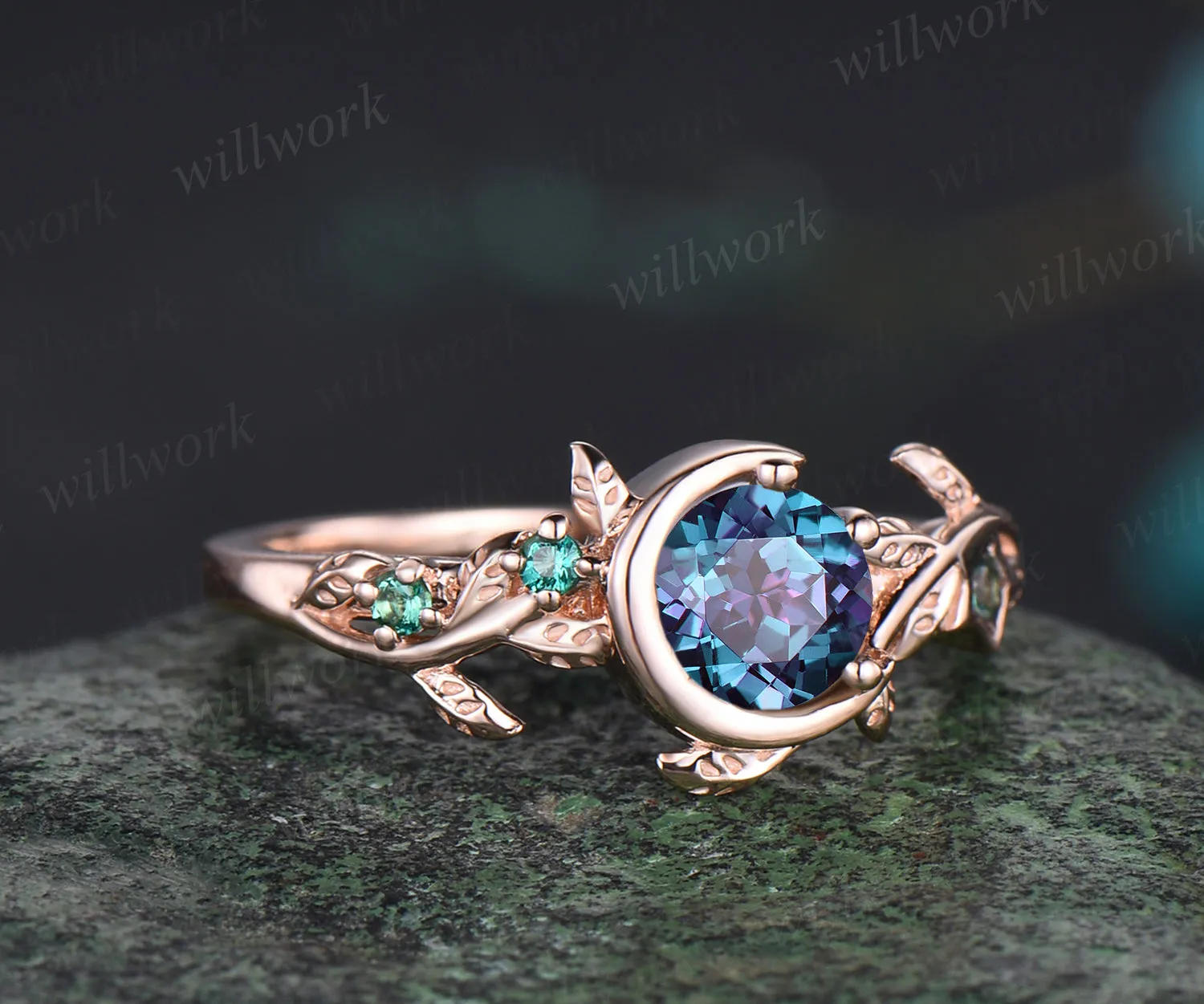 Unique Leaf Vine Twig Branch Nature Inspired Ring June Birthstone Round Cut Alexandrite Engagement Ring Emerald Art Deco Moon Star Bridal Ring sold by Willwork Jewelry product image thumbnail 3