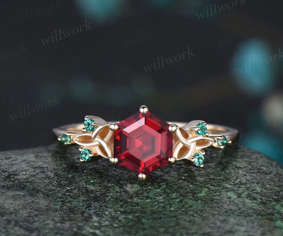 Vintage July Birthstone Hexagon Cut Ruby Engagement Ring Art Deco Celtic Knot Wedding Ring Antique Seven Stone Emerald Bridal Ring Mother Gift sold by Willwork Jewelry