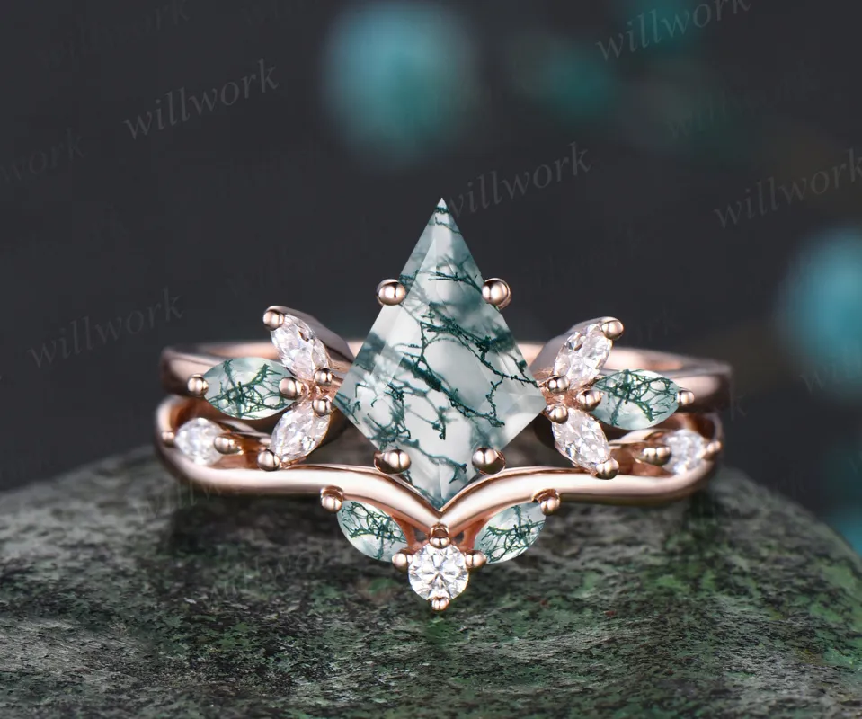 Unique Kite Cut Natural Green Moss Agate Engagement Ring Set 14k Rose Gold Art Deco 2pcs Bridal Ring Set Marquise Moss Agate Moissanite Ring sold by Willwork Jewelry
