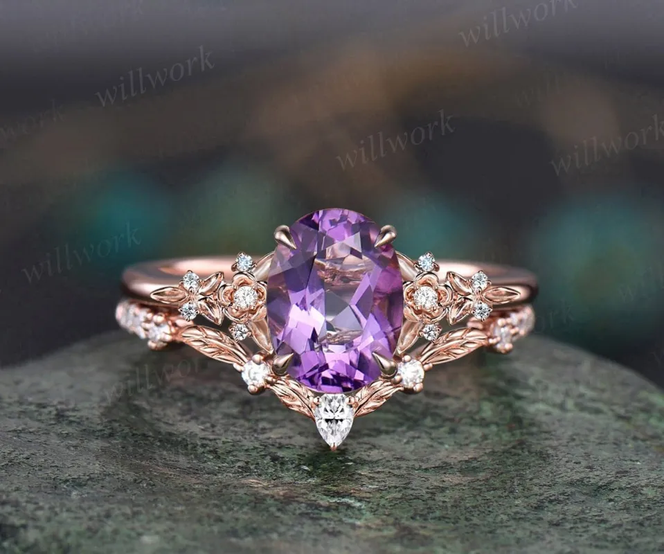 Vintage oval purple Amethyst engagement ring set 14k rose gold leaf floral nature inspired diamond ring unique promise wedding ring women sold by Willwork Jewelry