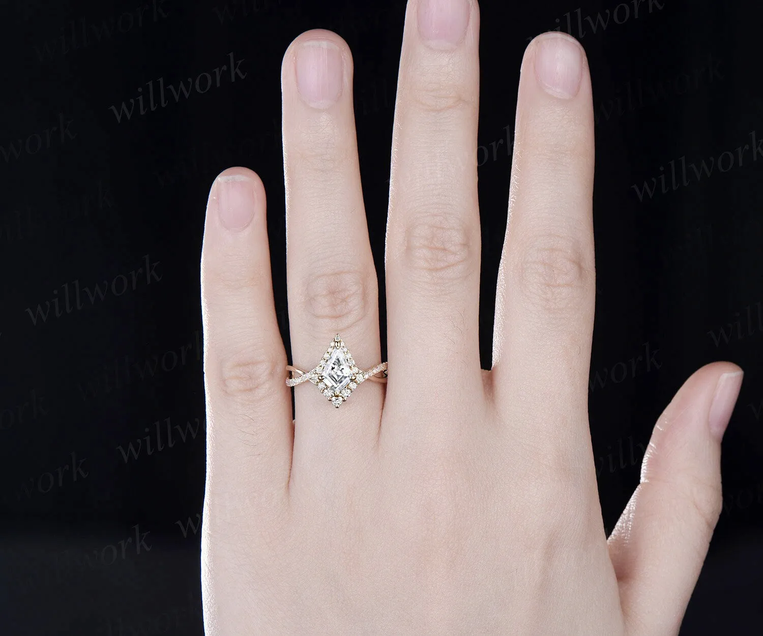 Vintage kite cut moissanite engagement ring solid 14k rose gold eternity infinity Twisted snowdrift halo diamond wedding bridal ring women sold by Willwork Jewelry product image thumbnail 2