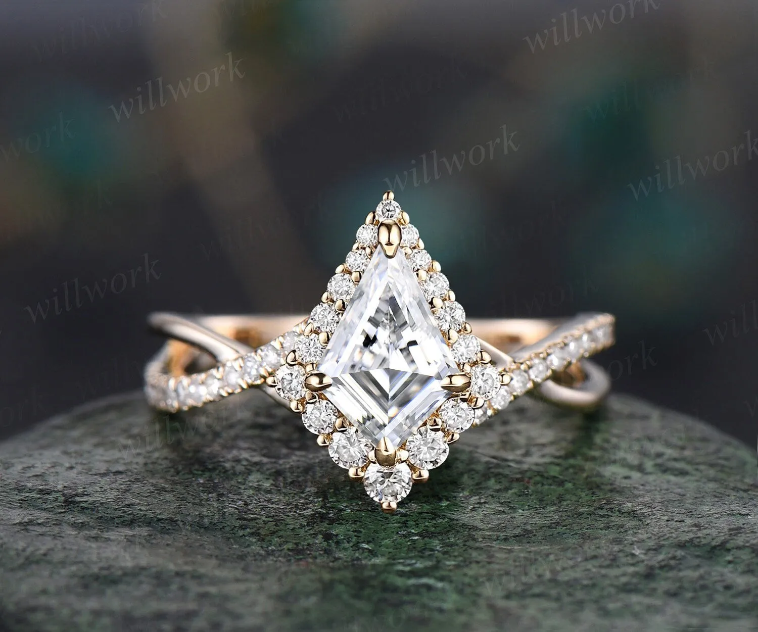 Vintage kite cut moissanite engagement ring solid 14k rose gold eternity infinity Twisted snowdrift halo diamond wedding bridal ring women sold by Willwork Jewelry product image thumbnail 4