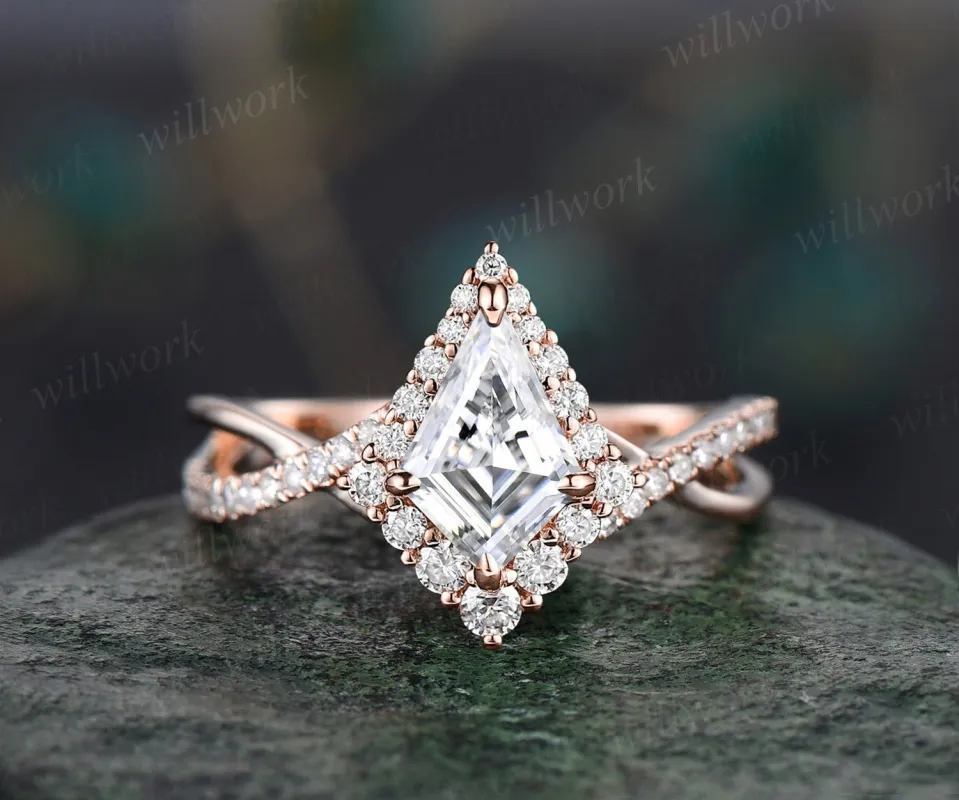 Vintage kite cut moissanite engagement ring solid 14k rose gold eternity infinity Twisted snowdrift halo diamond wedding bridal ring women sold by Willwork Jewelry