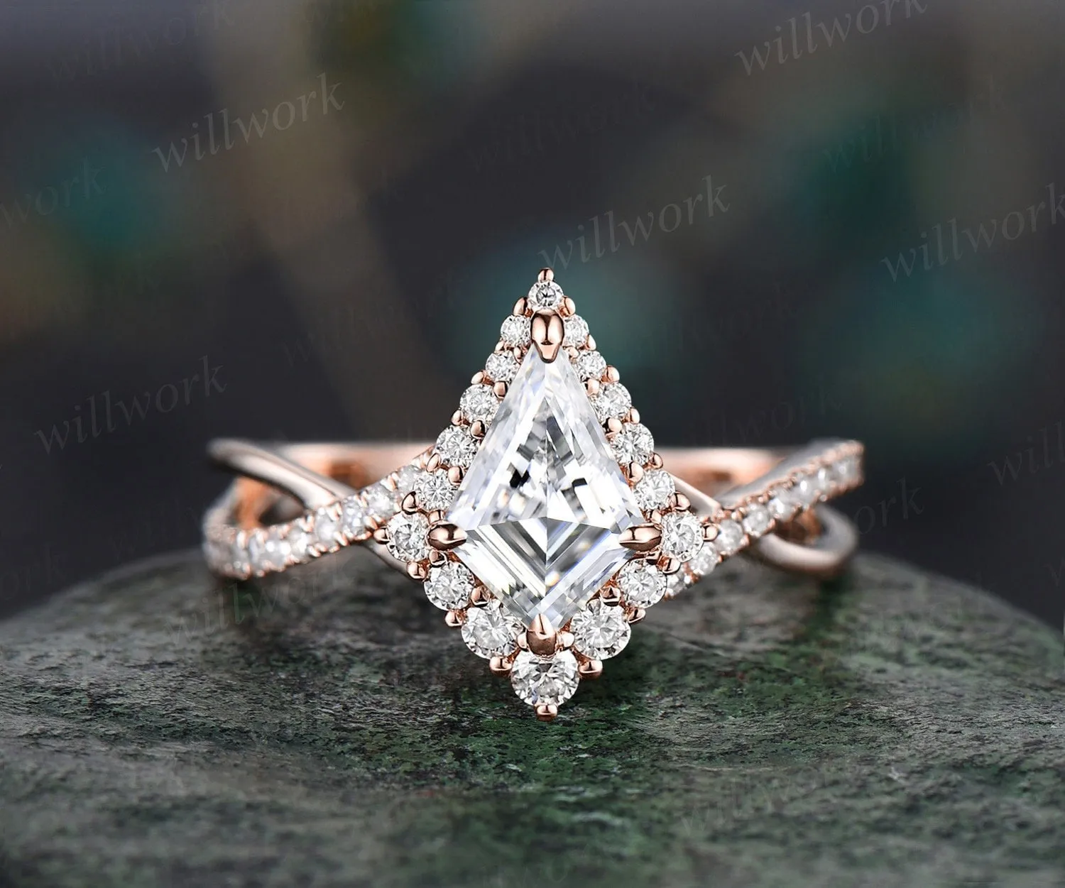Vintage kite cut moissanite engagement ring solid 14k rose gold eternity infinity Twisted snowdrift halo diamond wedding bridal ring women sold by Willwork Jewelry