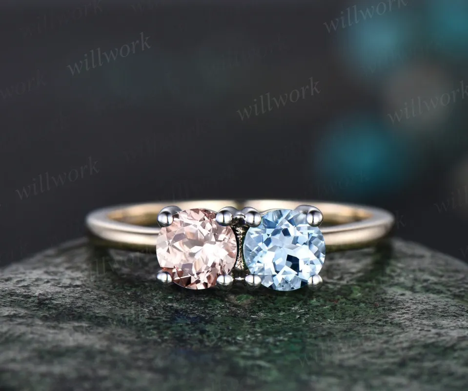 Vintage morganite aquamarine engagement ring dainty two stone ring white yellow two tone gold ring unique Toi et Moi ring women made by Willwork Jewelry