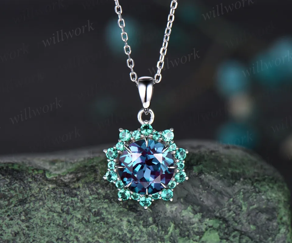 Vintage round alexandrite necklace 8 prong snowdrift halo emerald pendant for women solid 14k white gold June birthstone gift for her sold by Willwork Jewelry