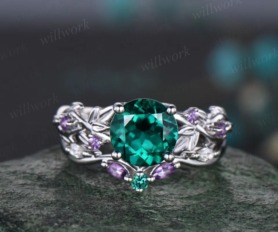 2ct Twig round green emerald engagement ring set 14k white gold five stone leaf branch Nature inspired amethyst wedding ring set for women sold by Willwork Jewelry