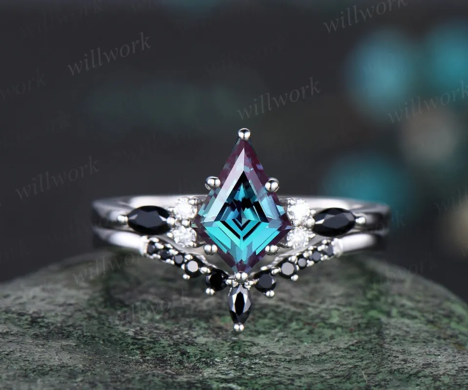 Unique kite alexandrite engagement ring set solid 14k white gold marquise black stone ring set women wedding bridal set jewelry sold by Willwork Jewelry