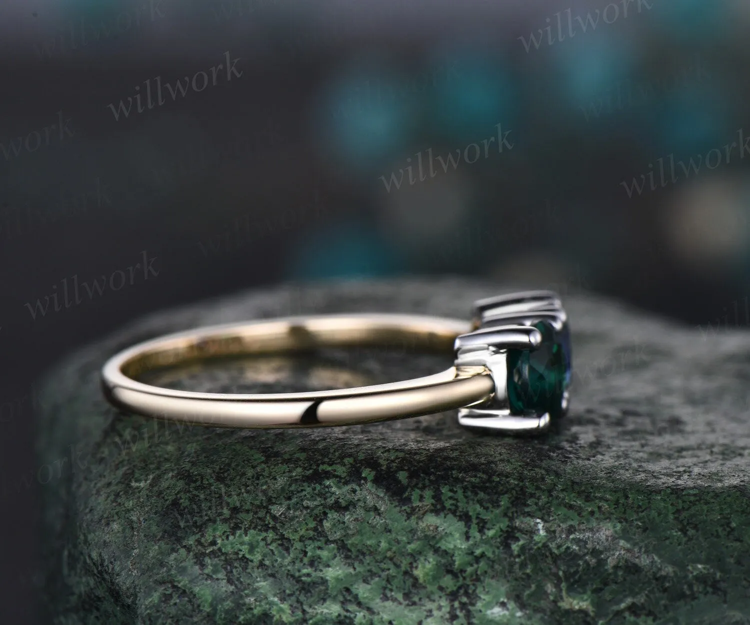 Vintage sapphire emerald Toi et Moi ring dainty two stone ring white yellow two tone gold ring unique promise anniversary ring women sold by Willwork Jewelry product image thumbnail 4