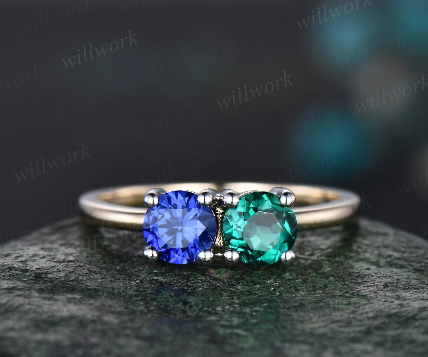 Vintage sapphire emerald Toi et Moi ring dainty two stone ring white yellow two tone gold ring unique promise anniversary ring women sold by Willwork Jewelry