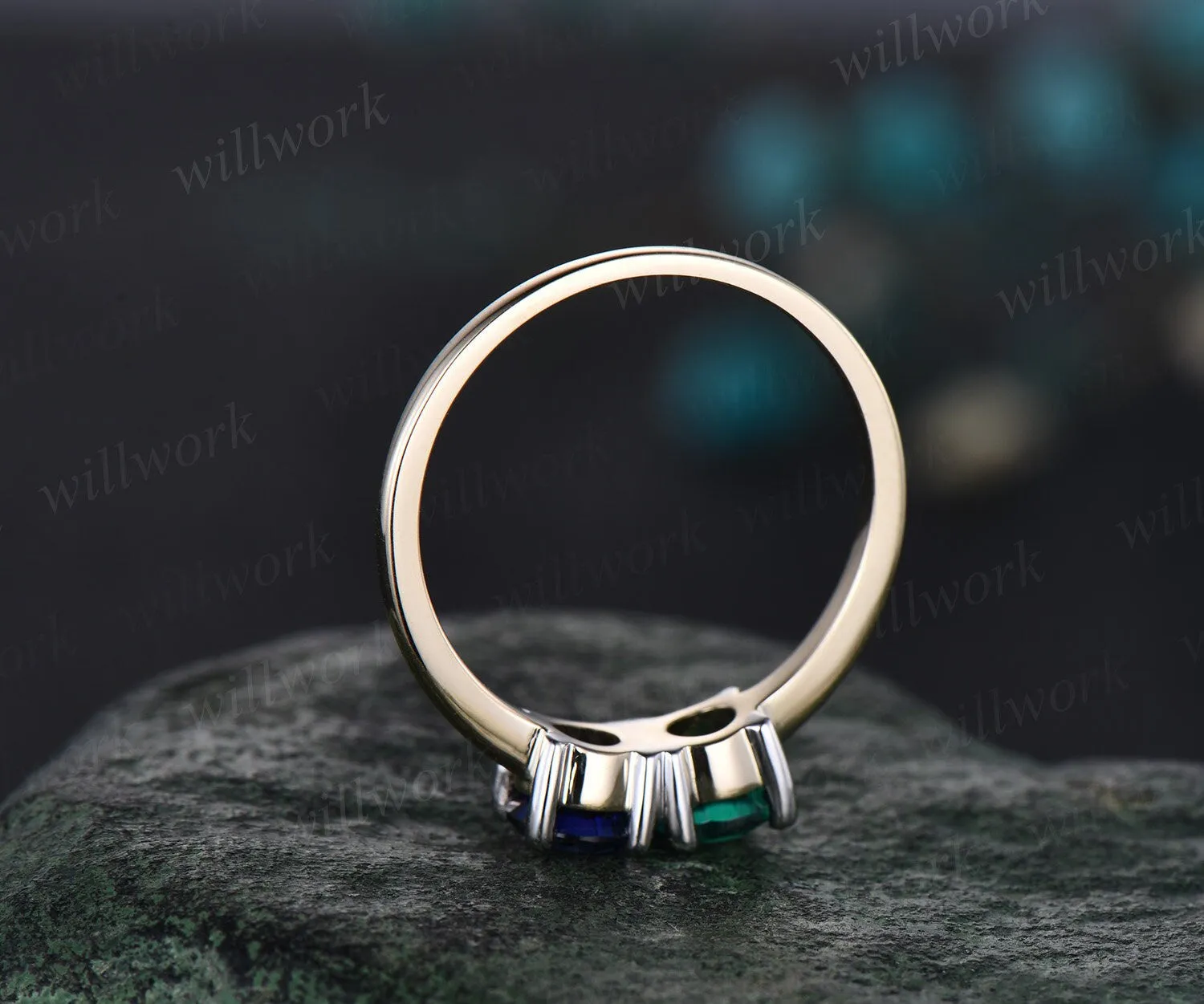 Vintage sapphire emerald Toi et Moi ring dainty two stone ring white yellow two tone gold ring unique promise anniversary ring women sold by Willwork Jewelry product image thumbnail 5