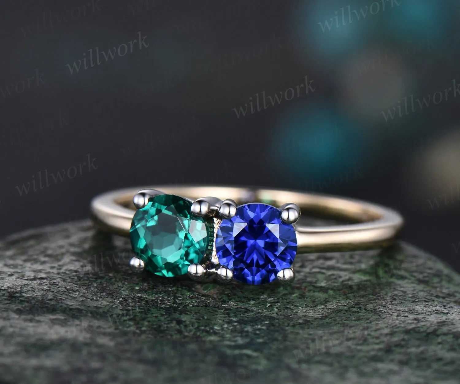 Vintage sapphire emerald Toi et Moi ring dainty two stone ring white yellow two tone gold ring unique promise anniversary ring women sold by Willwork Jewelry product image thumbnail 3