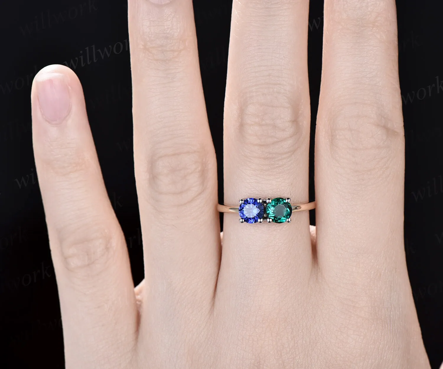 Vintage sapphire emerald Toi et Moi ring dainty two stone ring white yellow two tone gold ring unique promise anniversary ring women sold by Willwork Jewelry product image thumbnail 2