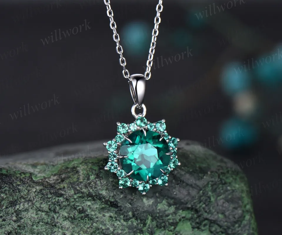 Round cut green emerald necklace white gold unique snowdrift halo emerald pendant women May birthstone jewelry gift for her sold by Willwork Jewelry
