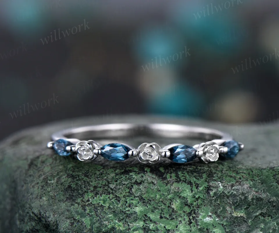 Flower marquise cut London blue topaz wedding band solid 14k rose gold half eternity stacking art deco bridal wedding anniversary ring gift sold by Willwork Jewelry