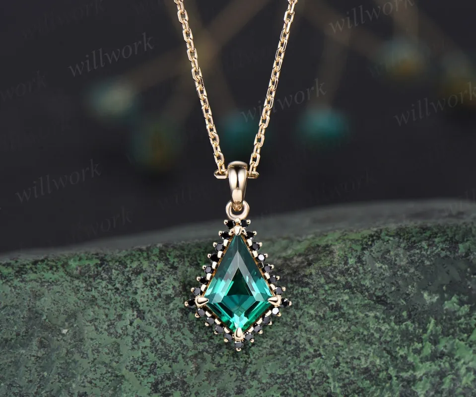 Unique kite cut green emerald necklace solid 14k 18k rose gold halo black diamond pendant for women May birthstone mother anniversary gift sold by Willwork Jewelry
