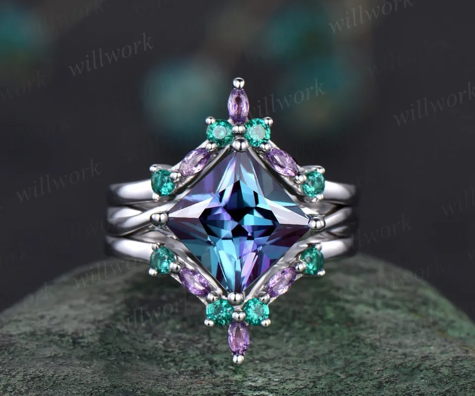 Unique princess Alexandrite engagement ring solid 14k white gold marquise amethyst emerald twisted promise wedding ring set women jewelry made by Willwork Jewelry