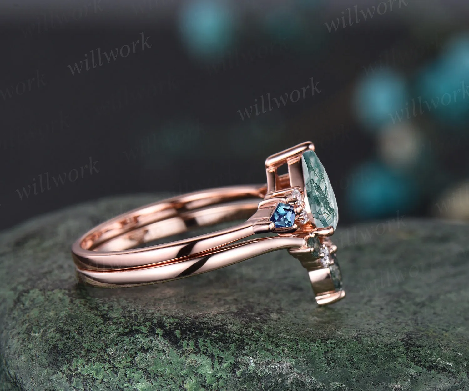 Pear green moss agate ring vintage kite alexandrite ring rose gold unique engagement ring stacking promise bridal wedding ring set women sold by Willwork Jewelry product image thumbnail 4