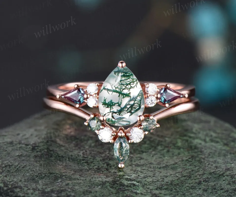 Pear green moss agate ring vintage kite alexandrite ring rose gold unique engagement ring stacking promise bridal wedding ring set women sold by Willwork Jewelry