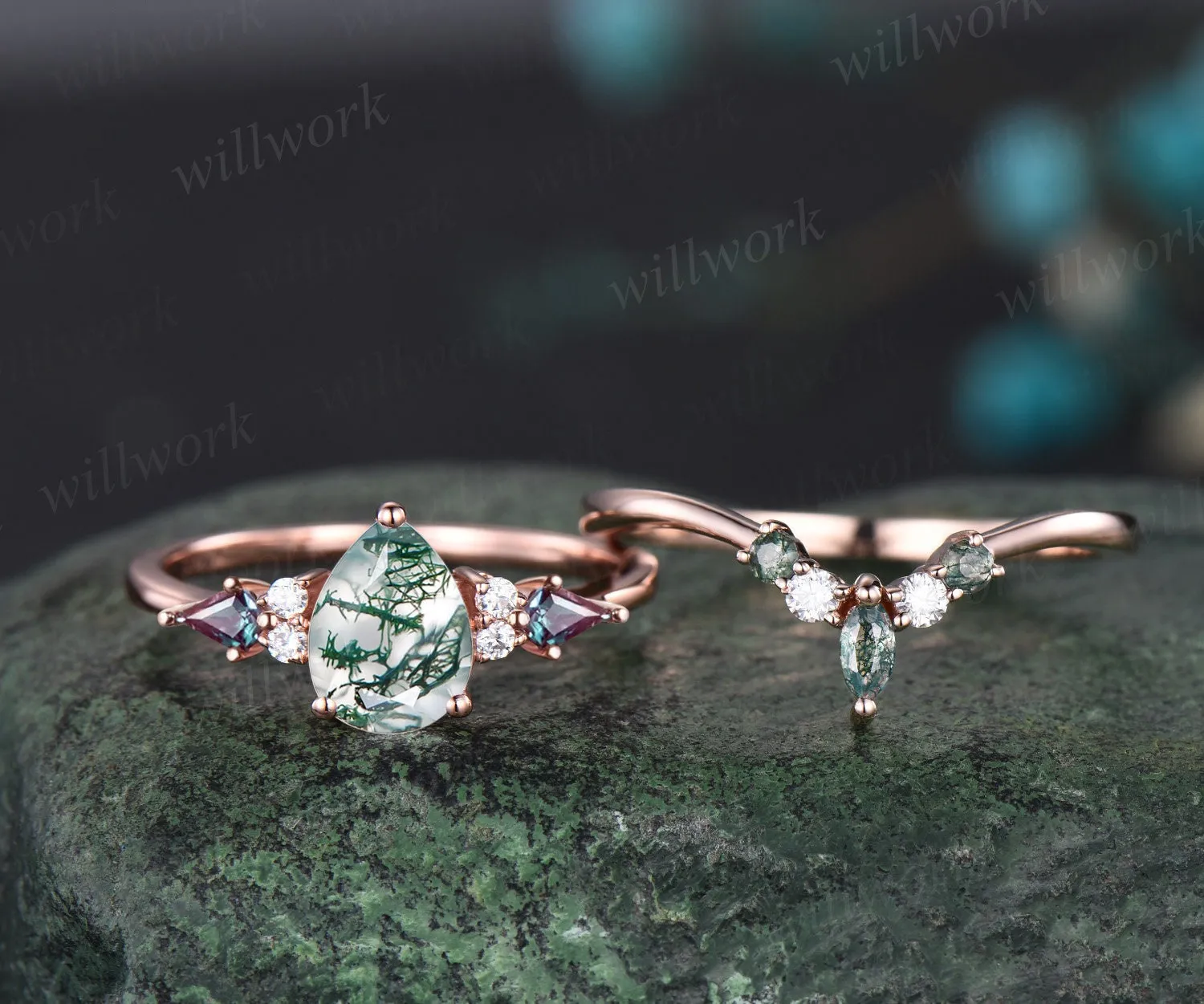 Pear green moss agate ring vintage kite alexandrite ring rose gold unique engagement ring stacking promise bridal wedding ring set women sold by Willwork Jewelry product image thumbnail 3