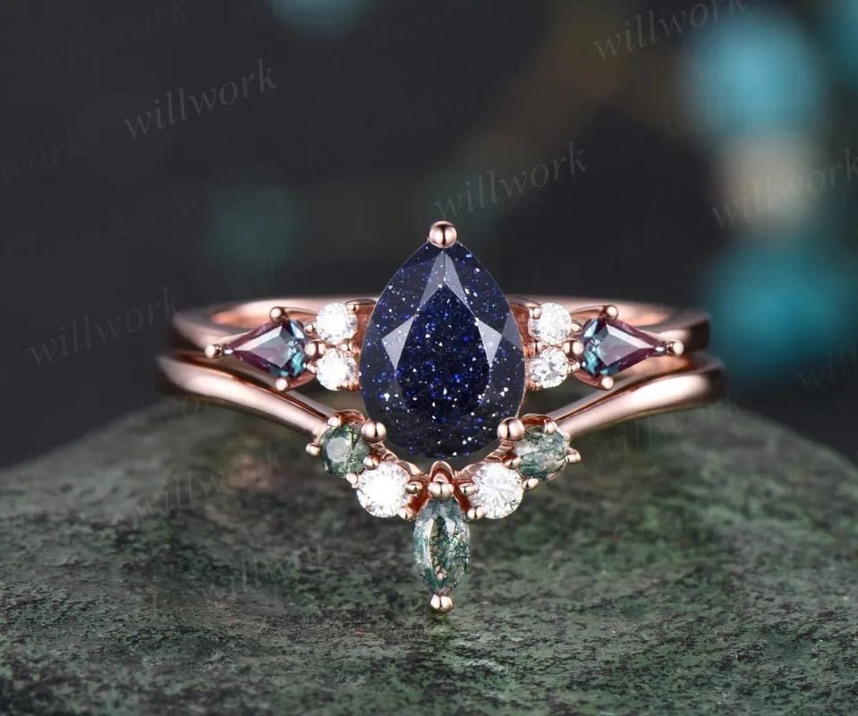 Pear blue sandstone ring vintage kite alexandrite ring 14k rose gold unique engagement ring stacking promise bridal wedding ring set women sold by Willwork Jewelry