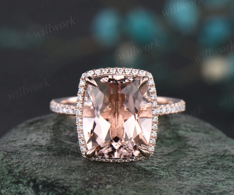 Cushion Cut Natural Morganite Engagement Ring 14k Rose Gold Diamond Moissanite Halo Ring 10x12mm Cushion Morganite Bridal Ring made by Willwork Jewelry