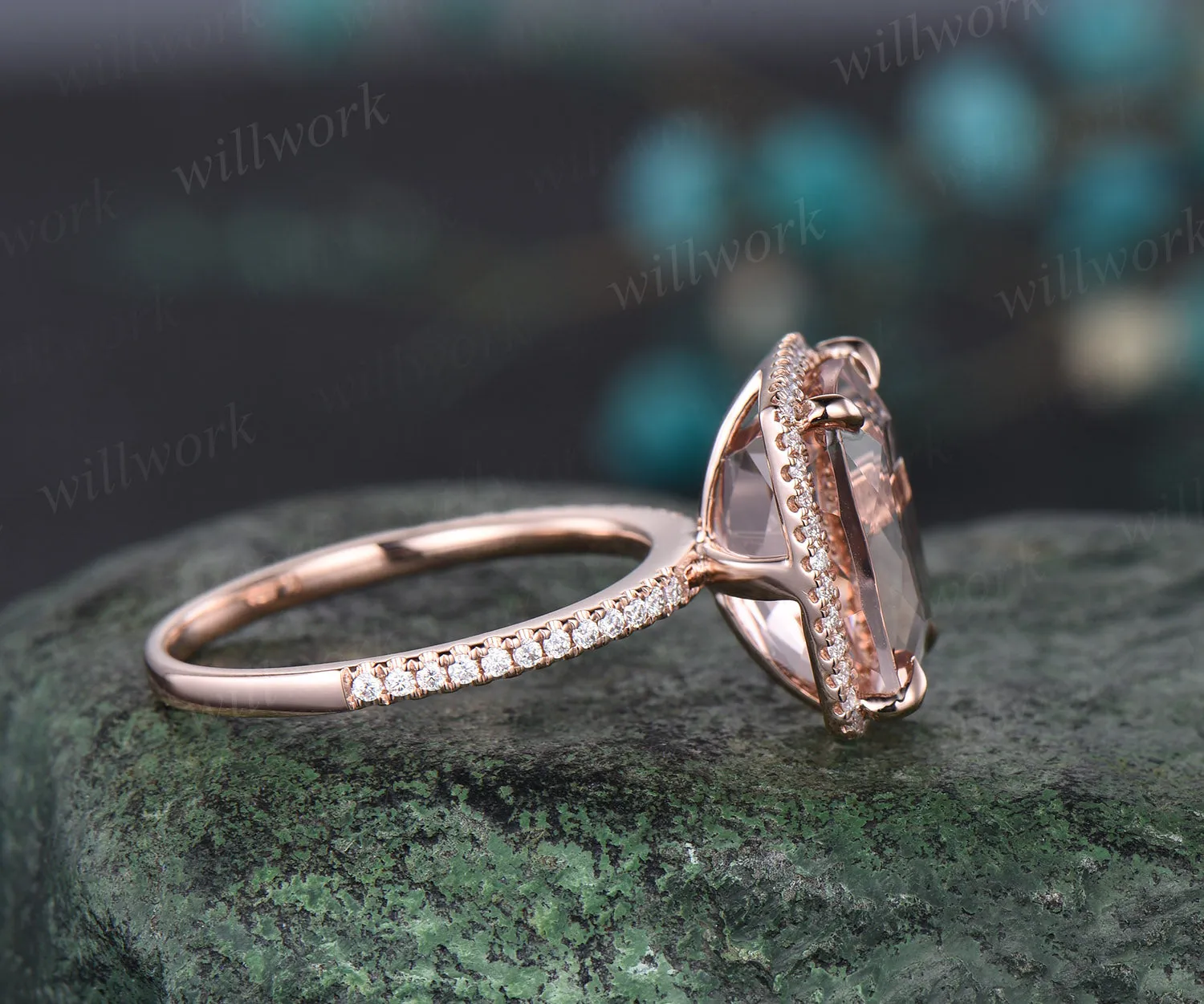 Cushion Cut Natural Morganite Engagement Ring 14k Rose Gold Diamond Moissanite Halo Ring 10x12mm Cushion Morganite Bridal Ring sold by Willwork Jewelry product image thumbnail 4