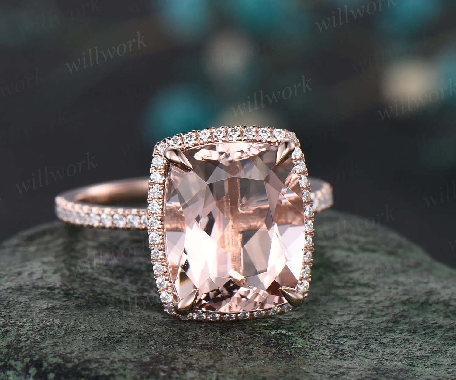 Cushion Cut Natural Morganite Engagement Ring 14k Rose Gold Diamond Moissanite Halo Ring 10x12mm Cushion Morganite Bridal Ring sold by Willwork Jewelry product image thumbnail 3