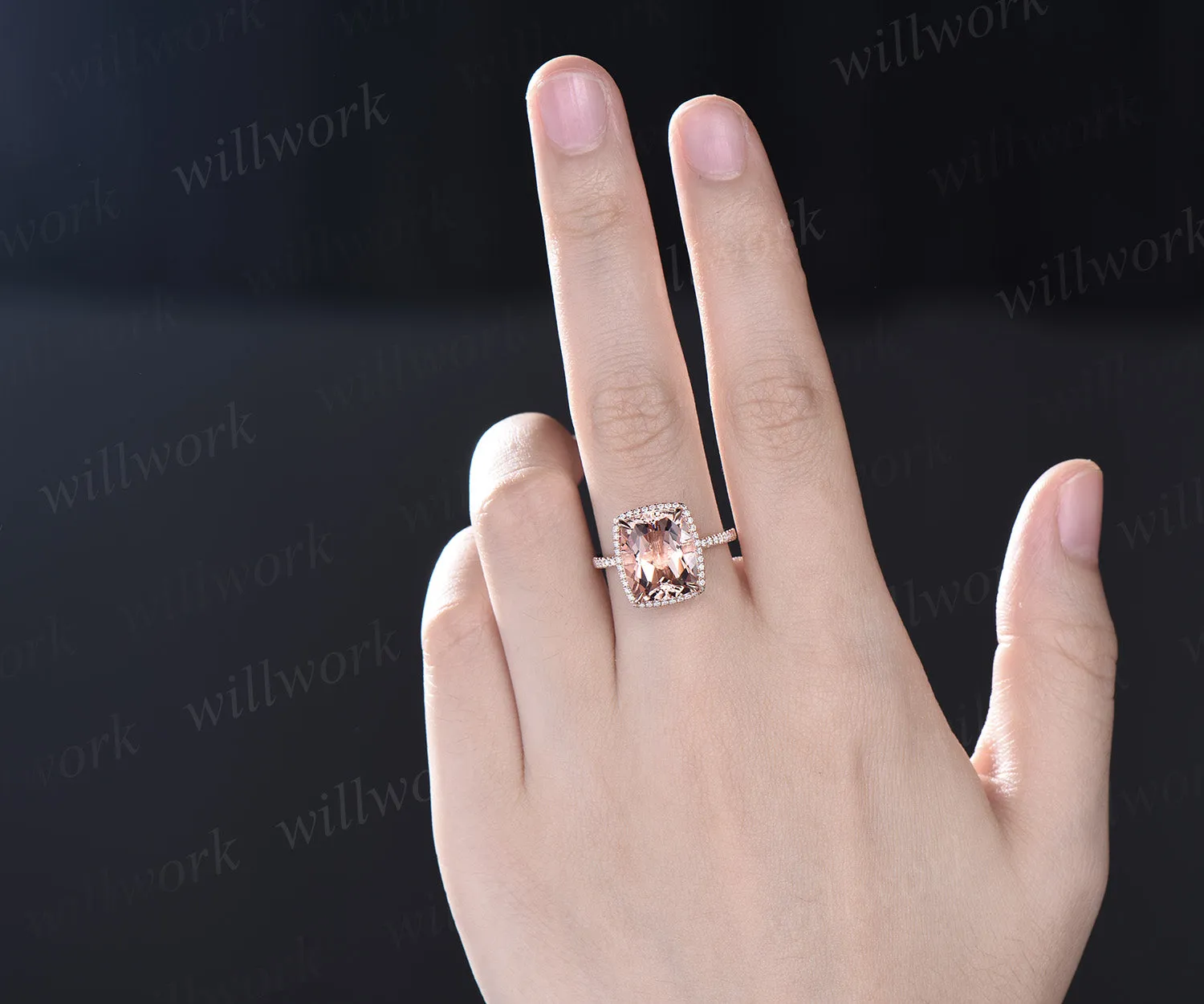 Cushion Cut Natural Morganite Engagement Ring 14k Rose Gold Diamond Moissanite Halo Ring 10x12mm Cushion Morganite Bridal Ring sold by Willwork Jewelry product image thumbnail 2