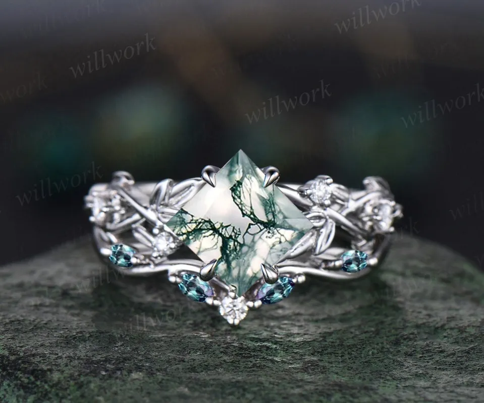 Princess cut green moss agate engagement ring 14k white gold five stone leaf branch Nature inspired bridal ring set women gift sold by Willwork Jewelry