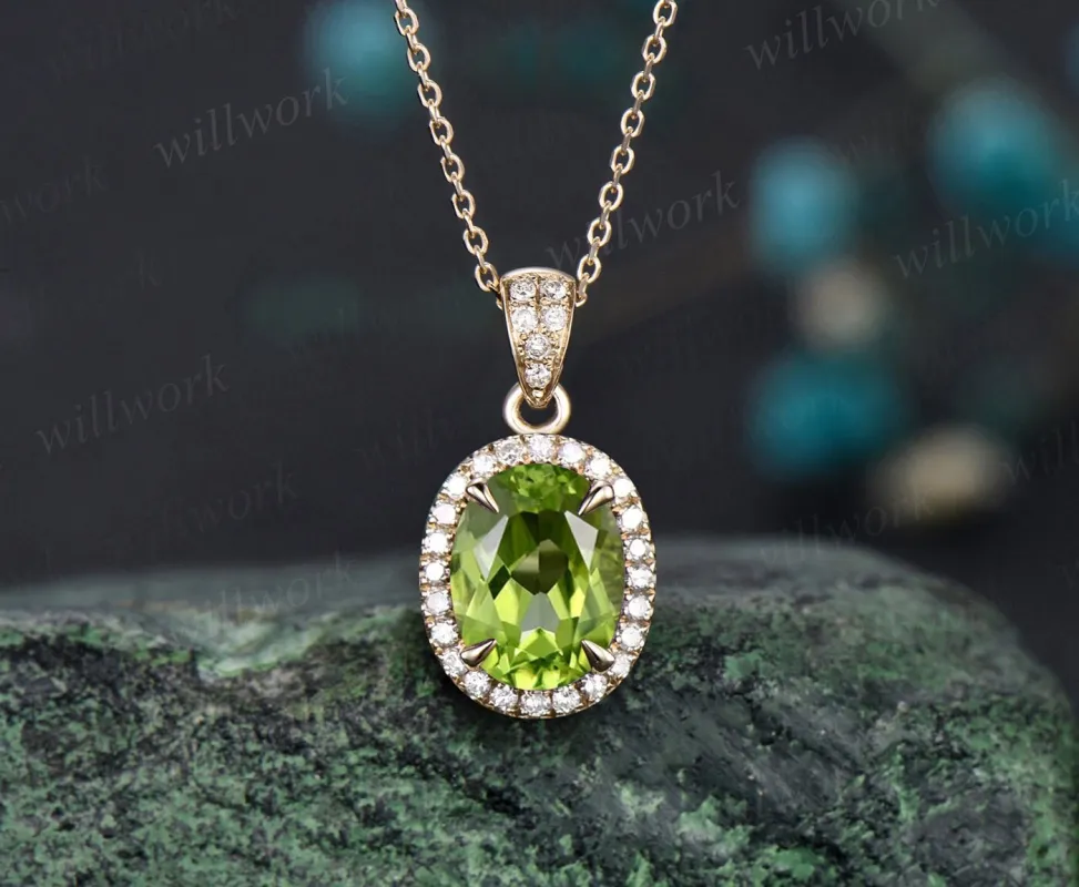 2ct oval cut peridot necklace solid 14k yellow gold vintage unique halo diamond necklace pendant women August birthstone anniversary gift sold by Willwork Jewelry