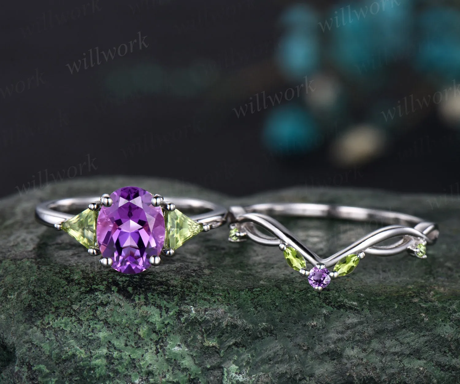 Oval purple amethyst ring three stone Trillion peridot ring white gold unique engagement ring matching twisted bridal wedding ring set women sold by Willwork Jewelry product image thumbnail 3