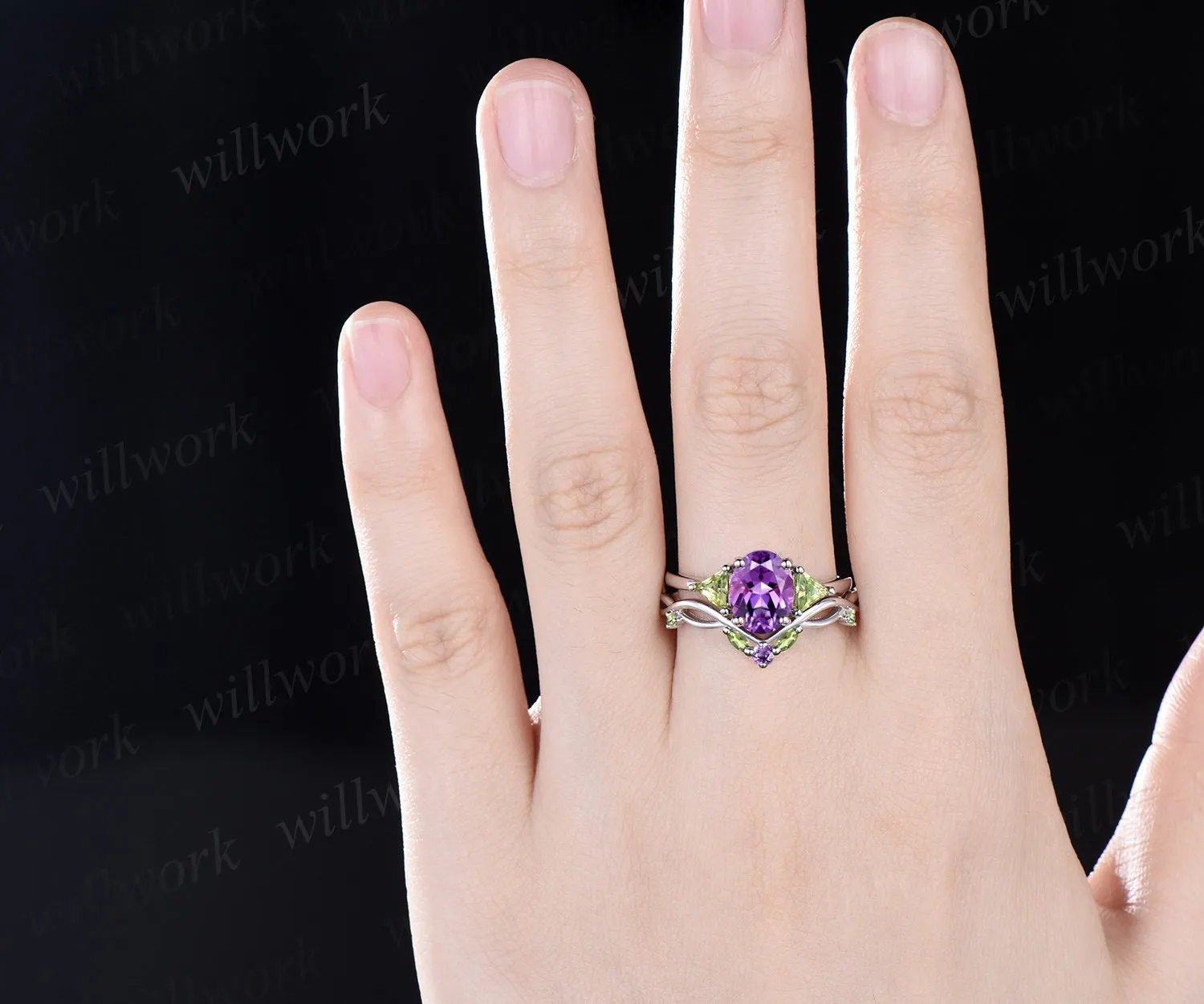 Oval purple amethyst ring three stone Trillion peridot ring white gold unique engagement ring matching twisted bridal wedding ring set women sold by Willwork Jewelry product image thumbnail 2