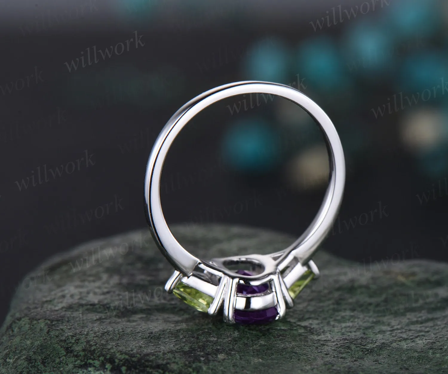 Oval purple amethyst ring three stone Trillion peridot ring white gold unique engagement ring matching twisted bridal wedding ring set women sold by Willwork Jewelry product image thumbnail 4