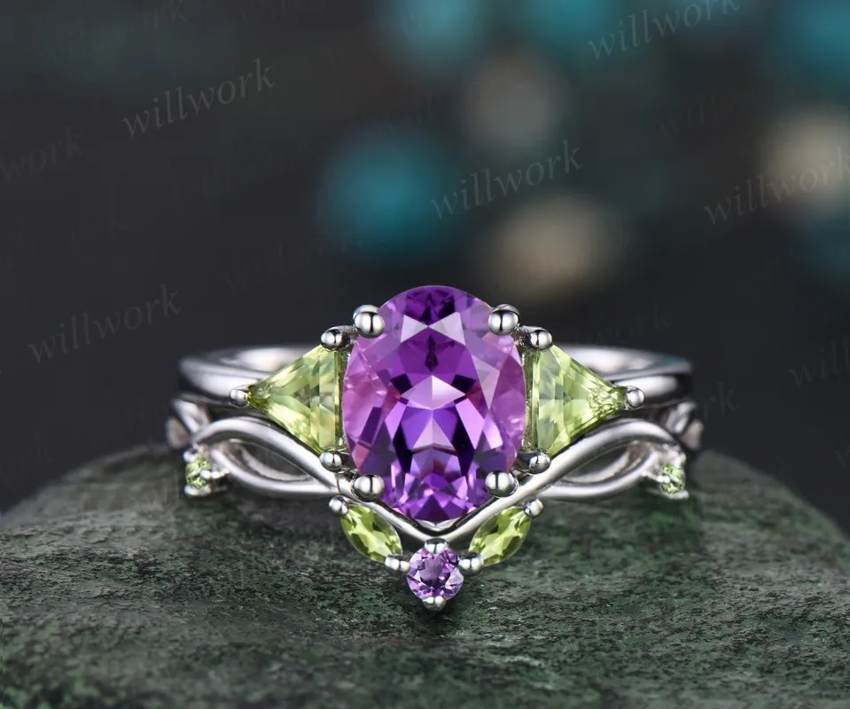 Oval purple amethyst ring three stone Trillion peridot ring white gold unique engagement ring matching twisted bridal wedding ring set women sold by Willwork Jewelry