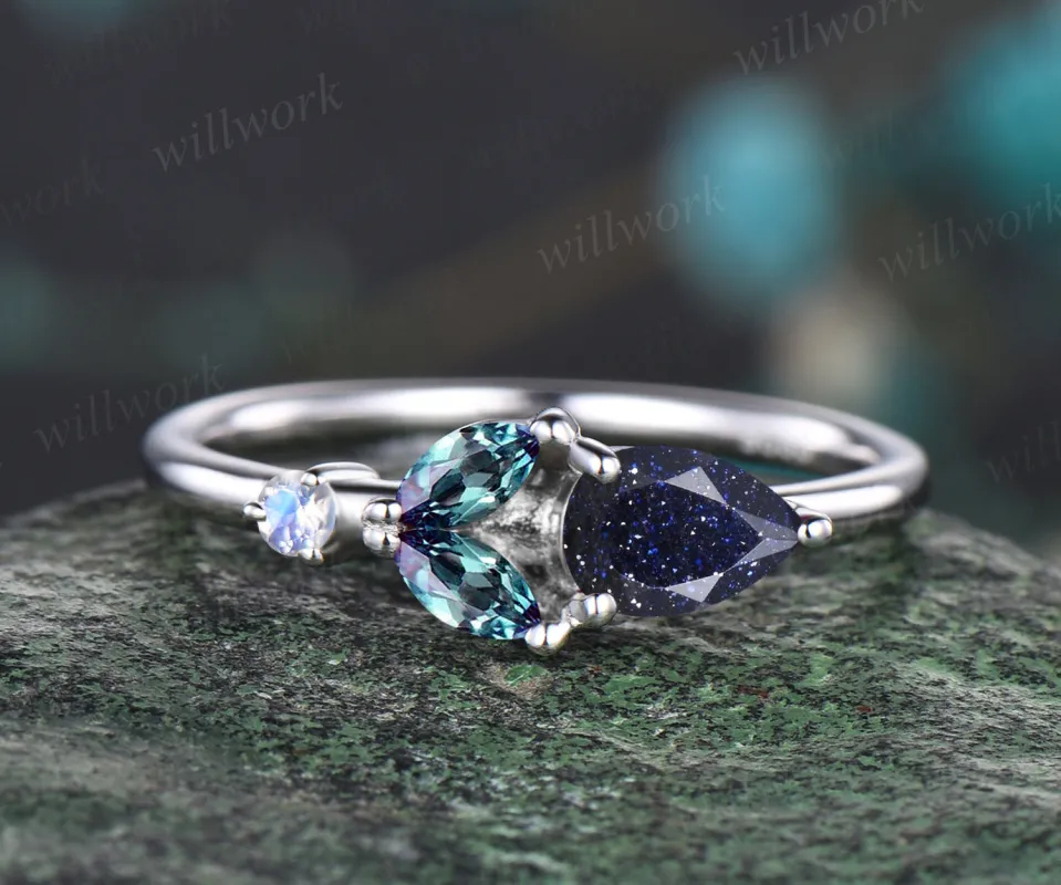 Dainty Pear Cut Galaxy Blue Sandstone Wedding Band Unique Rose Flower Floral Leaf Wedding Ring Minimalist June Birthstone Alexandrite Moonstone Promise Ring Anniversary Gift For Women sold by Willwork Jewelry