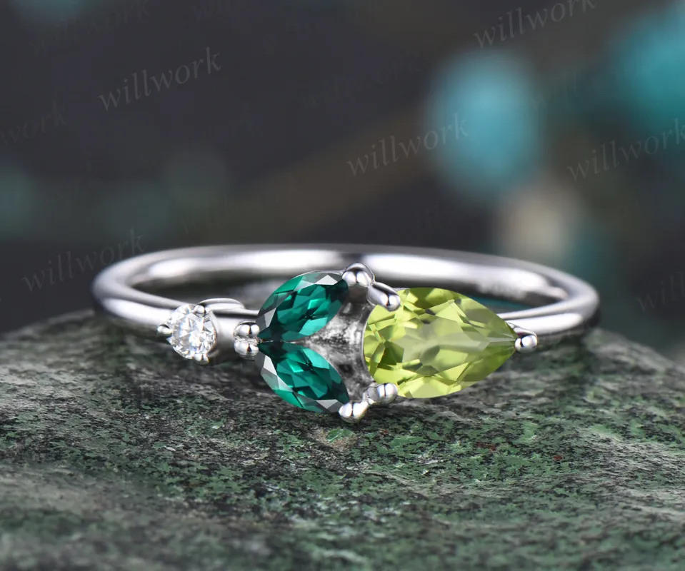 Minimalist Pear Cut August Birthstone Natural Peridot Ring Unique Rose Flower Floral Leaf Wedding Band Marquise Emerald Green Gemstone Promise Ring Delicate Jewelry Gift sold by Willwork Jewelry