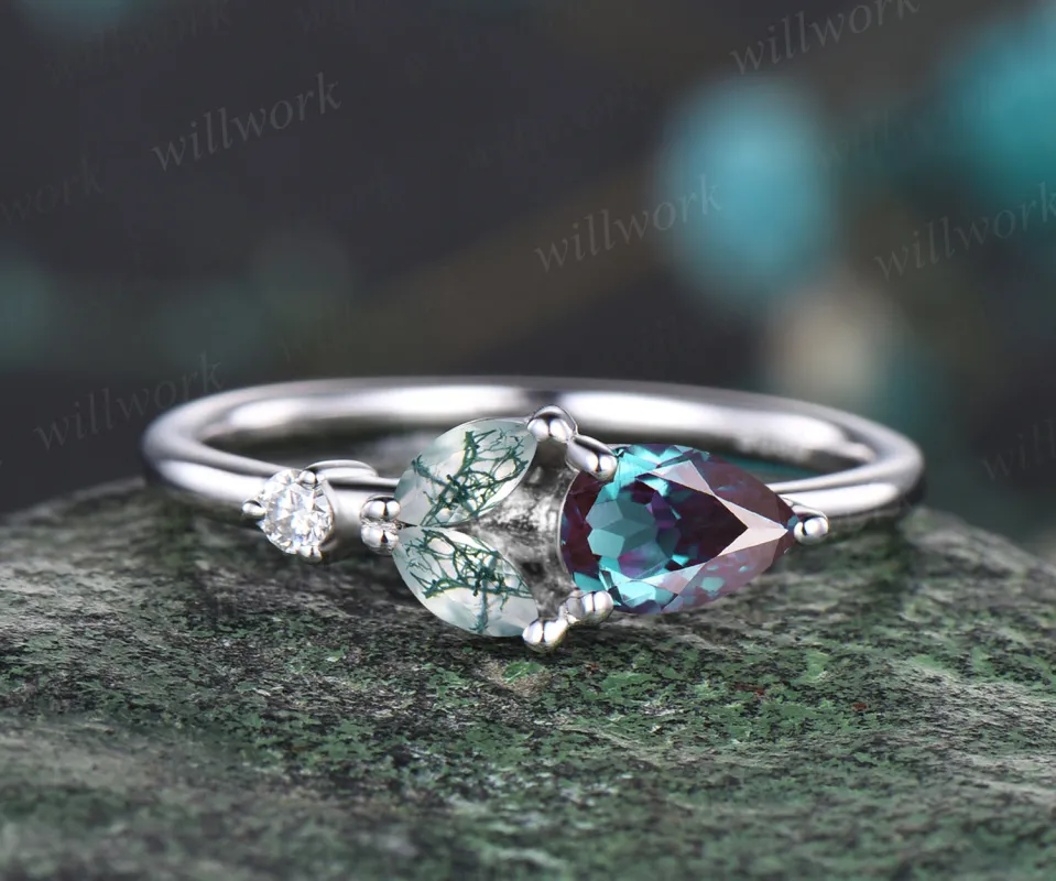 Unique Pear Cut June Birthstone Alexandrite Wedding Band Delicate Marquise Cut Natural Green Moss Agate Wedding Ring Art Deco Four Stone Rose Flower Leaf Floral Promise Gift For Her made by Willwork Jewelry