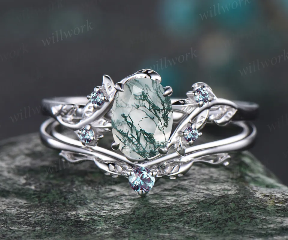 Oval Cut Natural Green Moss Agate Engagement Ring Set Unique June Birthstone Alexandrite Wedding Band Art Deco Leaf Vine Twig Branch Bridal Ring Set Nature Inspired Jewelry sold by Willwork Jewelry