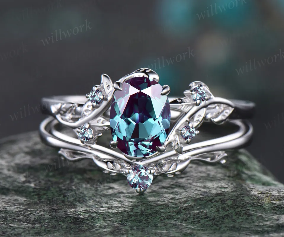Vintage Oval Cut Alexandrite Engagement Ring Set Unique Leaf Vine Twig Branch Leaf Nature Inspired Wedding Ring Set June Birthstone Color Change Alexandrite 2pcs Bridal Ring Set Gift For Women sold by Willwork Jewelry