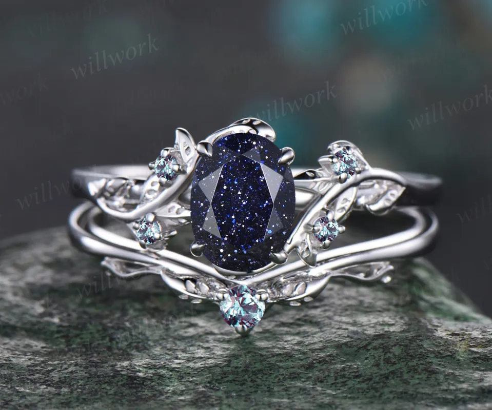 Leaf Vine Twig Branch Nature Inspired Engagement Ring Set Unique Galaxy Oval Cut Blue Sandstone Wedding Ring 14k White Gold Alexandrite Healing Ring 2pcs Bridal Ring Set sold by Willwork Jewelry