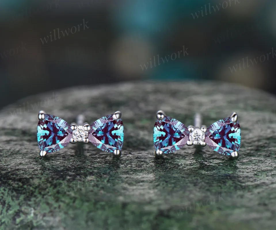 Unique Trillion Cut June Birthstone Alexandrite Earrings Art Deco Three Stone Color Change Stone Alexandrite Stud Earrings Vintage 14k White Gold Birthday Promise Bridal Earrings Jewelry Gift sold by Willwork Jewelry