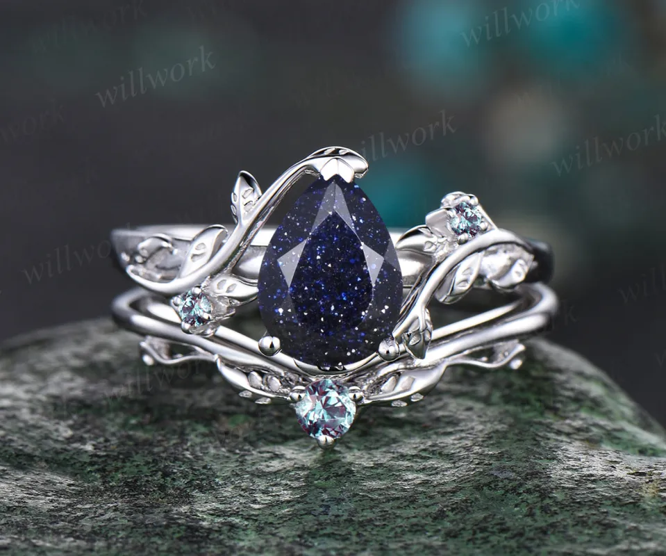 Galaxy Pear Cut Blue Sandstone Engagement Ring Set Unique Alexandrite Wedding Ring Art Deco 14k White Gold Leaf Floral Vine Twig Branch Nature Inspired 2pcs Bridal Anniversary Ring Set Healing Ring sold by Willwork Jewelry